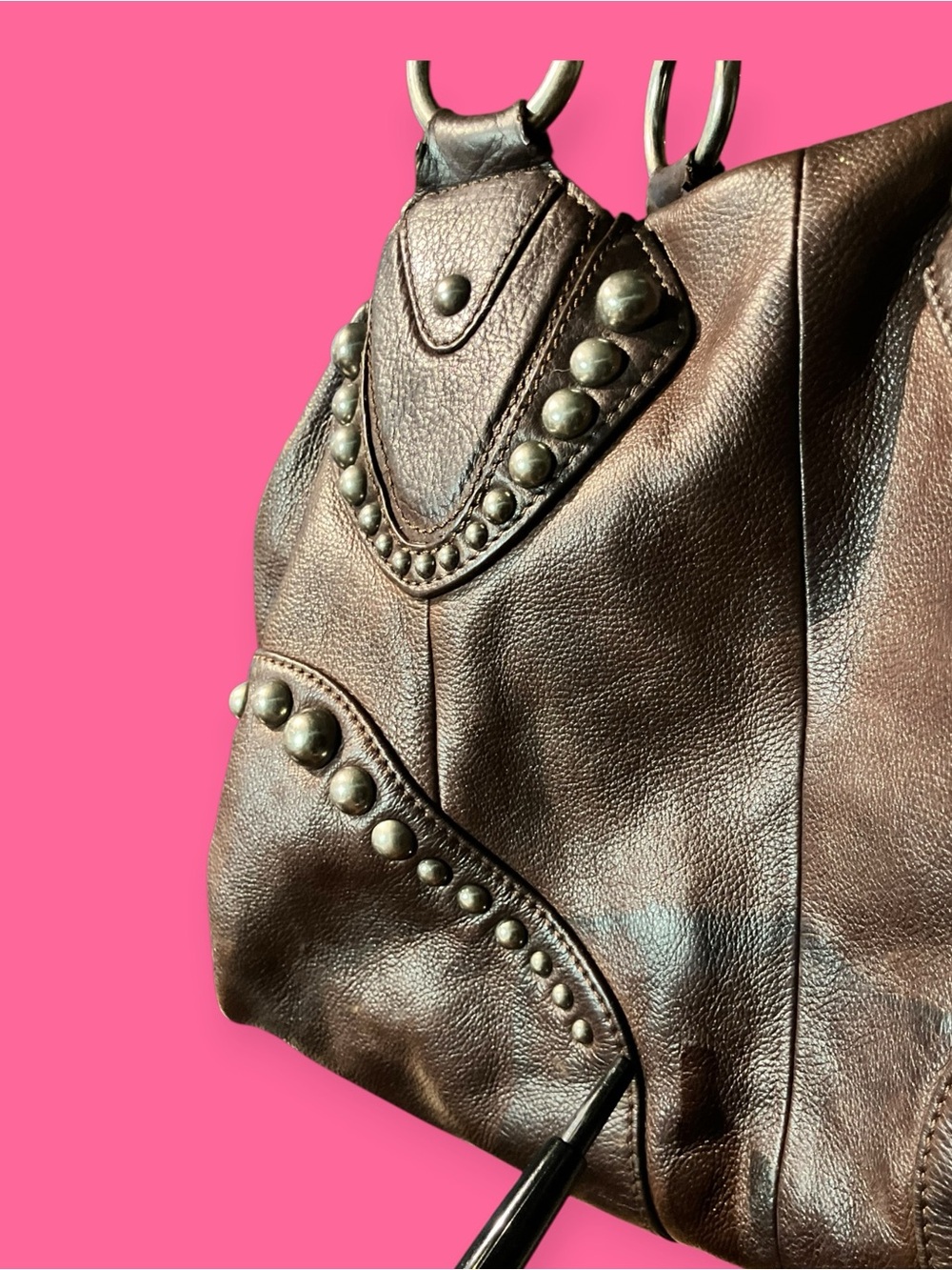 Studded Brown Leather Shoulder Bag - Picture 9 of 9